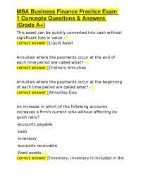 MBA Business Finance Practice Exam 1 Concepts Questions & Answers (Grade A+)