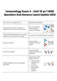 Immunology Exam 4 - Unit 10 pt 1 With Questions And Answers Latest Update 2026
