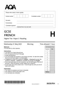 2025 ACTUAL AQA GCSE FRENCH Higher Tier 8658/RH Paper 3 Reading Question paper + mark sch