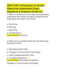 WGU C232: Introduction to Human Resources Assessment Exam Questions & Answers (Grade A+)