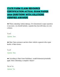 STATE FARM CLAIM RESOURCE CERTIFICATION ACTUAL EXAM PAPER 2026 QUESTIONS WITH SOLUTIONS VE