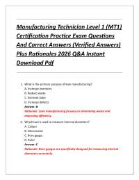 Manufacturing Technician Level 1 (MT1) Certification Practice Exam Questions And Correct