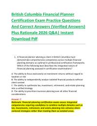 British Columbia Financial Planner Certification Exam Practice Questions And Correct Ans