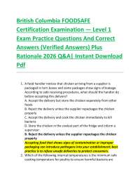 British Columbia FOODSAFE Certification Examination — Level 1 Exam Practice Questions An