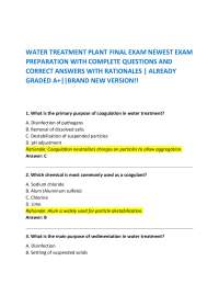 WATER TREATMENT PLANT FINAL EXAM NEWEST EXAM PREPARATION WITH COMPLETE QUESTIONS AND CORRE