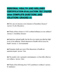 PERSONAL HEALTH AND WELLNESS CERTIFICATION EVALUATION TEST PAPER 2026 COMPLETE QUESTIONS A