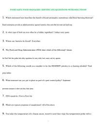 FOOD SAFE FOOD MANAGER CERTIFICATE QUESTIONS WITH SOLUTIONS