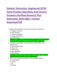 Dietetic Technician, Registered (DTR) Exam Practice Questions And Correct Answers (Verif