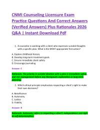 CNMI Counseling Licensure Exam Practice Questions And Correct Answers (Verified Answers)