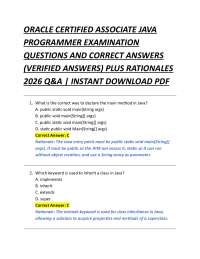ORACLE CERTIFIED ASSOCIATE JAVA PROGRAMMER EXAMINATION QUESTIONS AND CORRECT ANSWERS