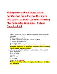 Michigan Household Goods Carrier Certification Exam Practice Questions And Correct Answe