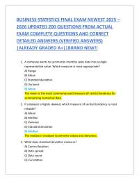 BUSINESS STATISTICS FINAL EXAM NEWEST 2025 – 2026 UPDATED 200 QUESTIONS FROM ACTUAL EXAM