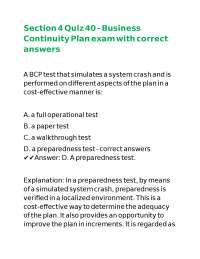 Section 4 Quiz 40 - Business Continuity Plan exam with correct answers