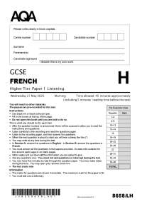 2025 AQA GCSE French Higher Listening Paper 8658/LH June with marking scheme
