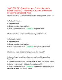 SANS SEC 301 Questions and Correct Answers. Latest 2026-2027 Graded A+, Exams of Network s