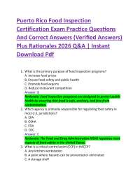 Puerto Rico Food Inspection Certification Exam Practice Questions And Correct Answers (V