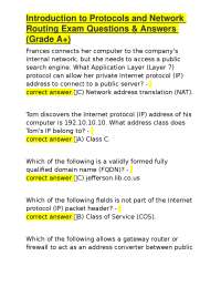 Introduction to Protocols and Network Routing Exam Questions & Answers (Grade A+)