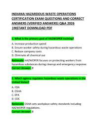 Indiana Hazardous Waste Operations Certification Exam Practice Questions and Answers