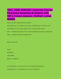 100% YEAR 2026/2027 Corporate Finance Final Exam Questions & Answers with 100% Correct Ans
