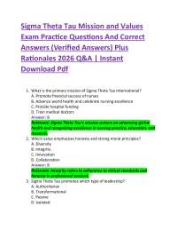 Sigma Theta Tau Mission and Values Exam Practice Questions And Correct Answers (Verified