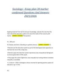 Sociology - Essay plan 30 marker condensed Questions And Answers 2025/2026