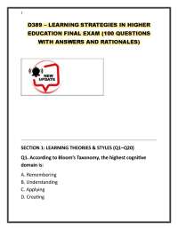 D389 – LEARNING STRATEGIES IN HIGHER EDUCATION FINAL EXAM (100 QUESTIONS WITH ANSWERS AND