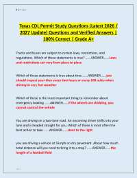 Texas CDL Permit Study Questions (Latest 2026 / 2027 Update) Questions and Verified Answe