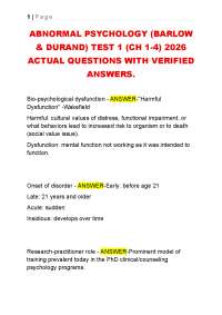 ABNORMAL PSYCHOLOGY (BARLOW & DURAND) TEST 1 (CH 1-4) 2026 ACTUAL EXAM.