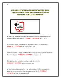 MICHIGAN STATE BRAKES CERTIFICATION EXAM PRACTICE QUESTIONS AND CORRECT VERIFIED ANSWERS 2