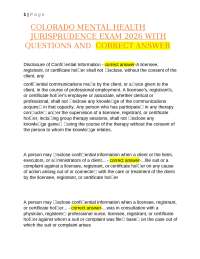 COLORADO MENTAL HEALTH JURISPRUDENCE EXAM QUESTIONS & ANSWERS COMPLETE REVIEW