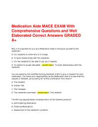 Medication Aide MACE EXAM With Comprehensive Questions and Well Elaborated Correct Answers