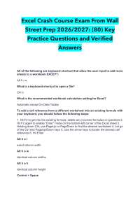 Excel Crash Course Exam From Wall Street Prep 2026/2027- (80) Key Practice Questions and V