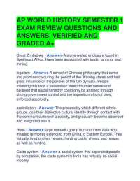 AP WORLD HISTORY SEMESTER 1 EXAM REVIEW QUESTIONS AND ANSWERS| VERIFIED AND GRADED A+