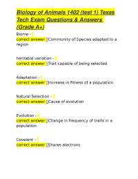 Biology of Animals 1402 (test 1) Texas Tech Exam Questions & Answers (Grade A+)