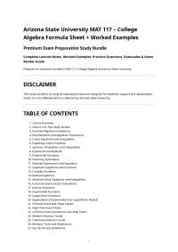 Arizona State University MAT 117 – College Algebra Formula Sheet + Worked Examples