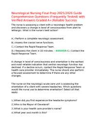 Neurological Nursing Final Prep 2025/2026 Guide Comprehensive Questions (Frequently Tested