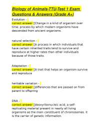 Biology of Animals-TTU-Test 1 Exam Questions & Answers (Grade A+)
