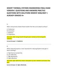 DESERT THERMAL SYSTEMS ENGINEERING FINAL EXAM VERSION 1 QUESTIONS AND ANSWERS PRACTICE Q