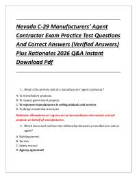 Nevada C-29 Manufacturers’ Agent Contractor Exam Practice Test Questions And Correct Ans
