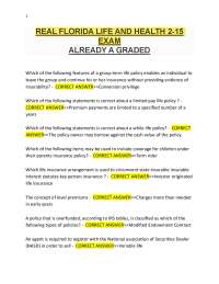 LIFE AND HEALTH 2-15 EXAM ALREADY A GRADED REAL FLORIDA