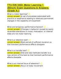 TTU KIN 3303: Motor Learning 1 (Blinch) Exam Questions & Answers (Grade A+)