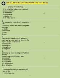 Social Psychology Test Bank: Chapters 6-10 (Conformity, Obedience, Altruism)