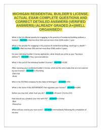 MICHIGAN RESIDENTIAL BUILDER'S LICENSE. ACTUAL EXAM COMPLETE QUESTIONS AND CORRECT DETAI
