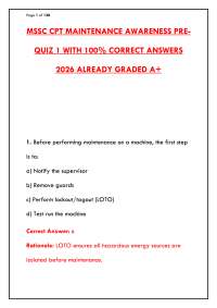 MSSC CPT MAINTENANCE AWARENESS PRE-ASSESSMENT | COMPLETE PRACTICE EXAM & VERIFIED ANSWERS
