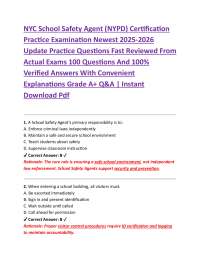 NYC School Safety Agent (NYPD) Certification Practice Examination Newest 2025-2026 Updat