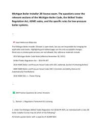 Michigan Boiler Installer 2B license exam. The questions cover the relevant sections of t