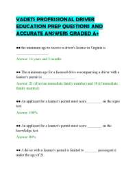 VADETS PROFESSIONAL DRIVER EDUCATION PREP QUESTIONS AND ACCURATE ANSWERS GRADED A+