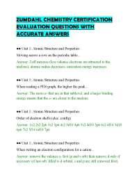 ZUMDAHL CHEMISTRY CERTIFICATION EVALUATION QUESTIONS WITH ACCURATE ANSWERS