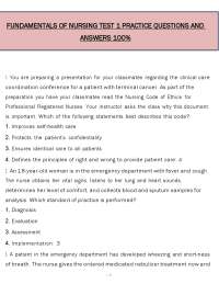 Fundamentals of Nursing Test 1 Practice Questions and Answers | 2026 Nursing Exam Material
