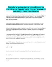 State Farm Auto External Claim Resource Cert Exam| 100% Correct Answers Verified 2026/2027